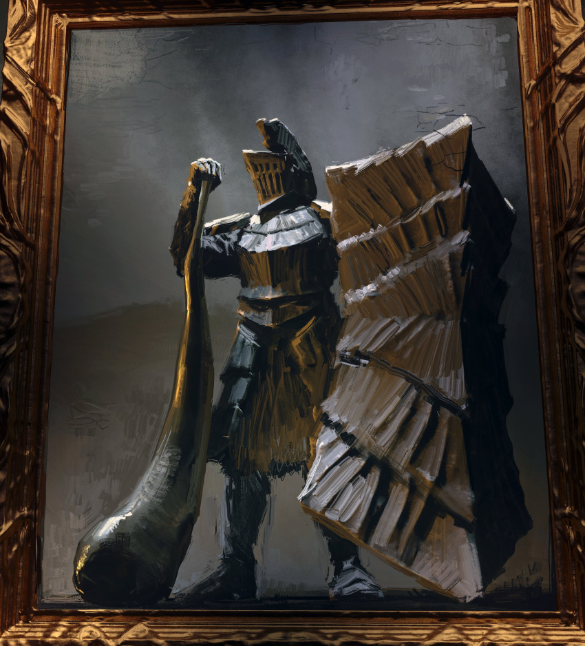 1boy absurdres armor club dark_souls dragon's_tooth_(dark_souls) english_commentary full_armor full_body gazedsoul havel_the_rock helm helmet highres holding knight pauldrons portrait_(object) shield shoulder_armor solo souls_(from_software) standing weapon
