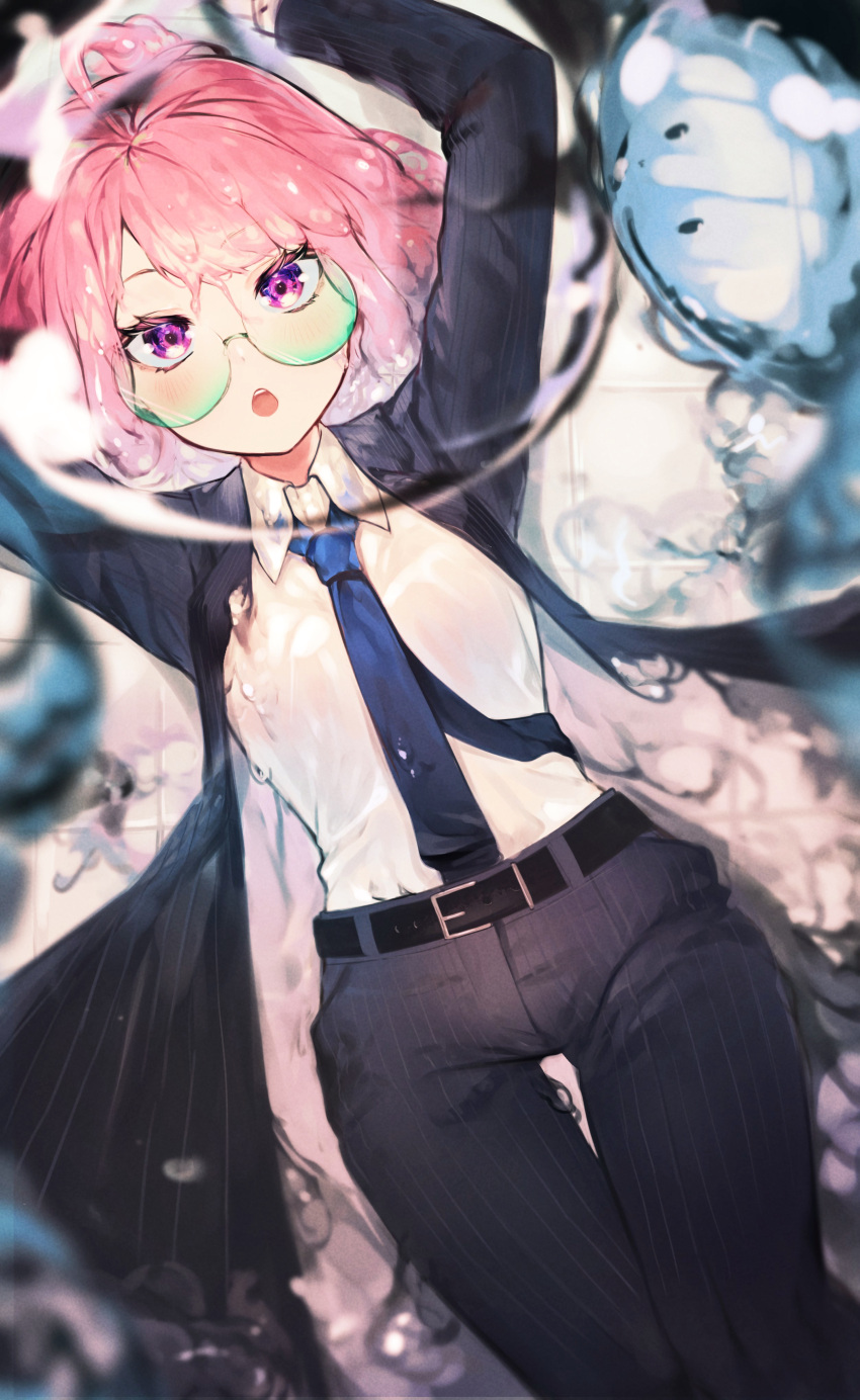 1girl absurdres ahoge arms_up bangs belt black_belt black_neckwear black_pants blue_neckwear blurry collared_shirt depth_of_field feet_out_of_frame glasses highres hiiragi_mikoto looking_at_viewer lying necktie on_back open_mouth original pants purple_eyes round_eyewear shirt shirt_tucked_in short_hair slime_(substance) solo striped striped_jacket striped_pants tile_floor tiles upper_teeth white_shirt