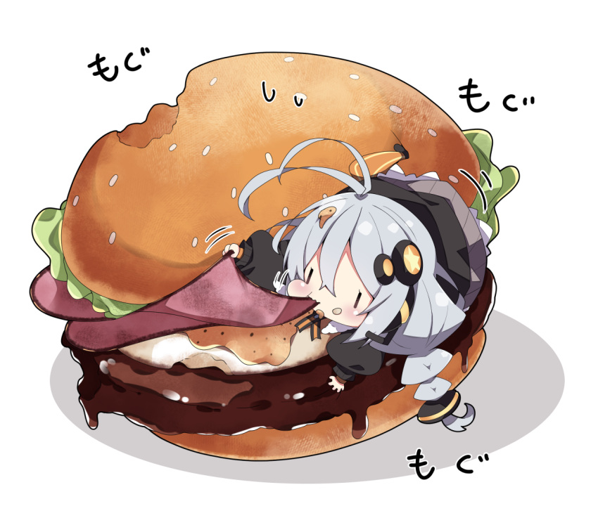 1girl :t antenna_hair bangs black_footwear black_jacket braid chibi closed_mouth commentary_request eating food food_on_face food_on_hair grey_hair hair_between_eyes hair_ornament hamburger headset in_food jacket kizuna_akari long_hair long_sleeves milkpanda minigirl orange_legwear pantyhose puffy_long_sleeves puffy_sleeves shadow shoes sleeves_past_wrists solo star_(symbol) striped striped_legwear sweat translation_request twin_braids vertical-striped_legwear vertical_stripes very_long_hair voiceroid wavy_mouth white_background |_|