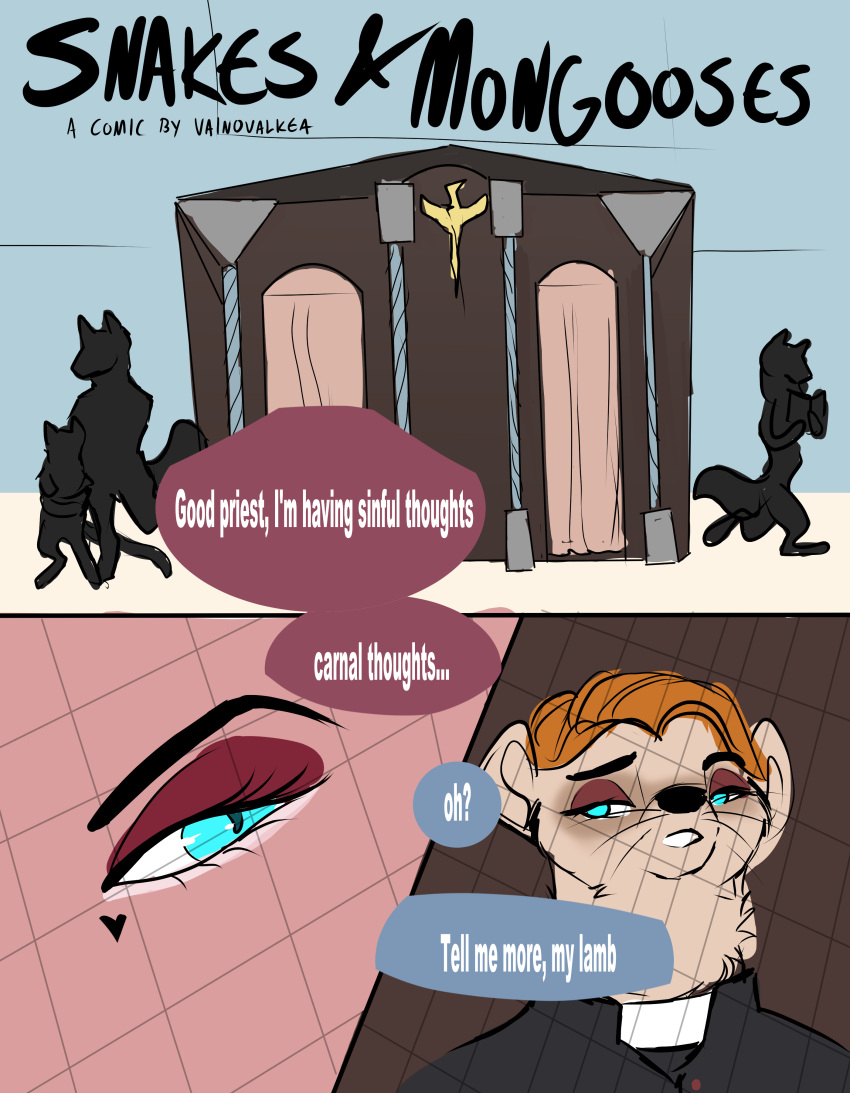 absurd_res anthro church comic confession_booth confessional duo female female/female herpestid hi_res mammal mongoose natasha_(vainovalkea) public religion reptile scalie slim snake vainovalkea