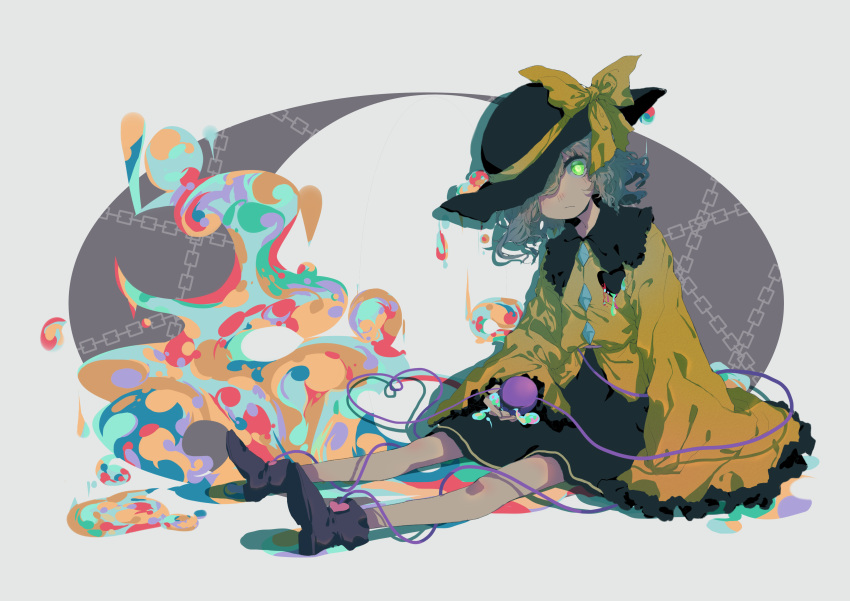 1girl absurdres bow buttons chain colorful dripping frilled_shirt_collar frilled_sleeves frills glowing glowing_eye green_hair green_skirt guozimiao hair_over_one_eye hat hat_bow hat_ribbon heart heart_of_string highres komeiji_koishi ribbon shirt short_hair sitting skirt solo third_eye touhou white_background wide_sleeves yellow_shirt