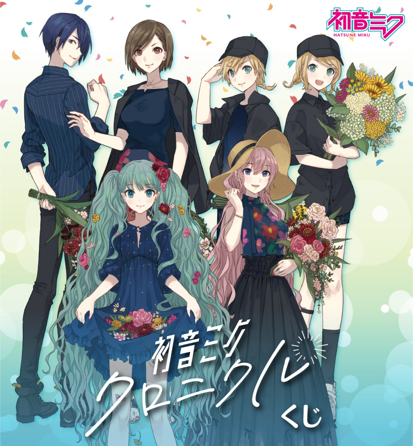 2boys 4girls adjusting_hair aqua_eyes aqua_hair arm_behind_back baseball_cap black_headwear black_jacket black_legwear black_shorts black_skirt blonde_hair blue_dress blue_eyes blue_hair blue_shirt bouquet bracelet brown_eyes brown_hair character_name commentary crypton_future_media dress falling_petals floral_print flower from_behind green_flower hair_flower hair_ornament hair_over_one_eye hand_up hat hatsune_miku highres holding holding_bouquet ixima jacket jacket_on_shoulders jewelry kagamine_len kagamine_rin kaito kneehighs long_hair long_skirt looking_at_viewer looking_back megurine_luka meiko multiple_boys multiple_girls official_art open_mouth pants petals pink_flower pink_hair pleated_skirt red_flower shirt short_hair short_ponytail shorts skirt skirt_basket smile standing straw_hat striped striped_shirt sun_hat sunflower translated twintails very_long_hair vocaloid white_flower white_legwear yellow_flower