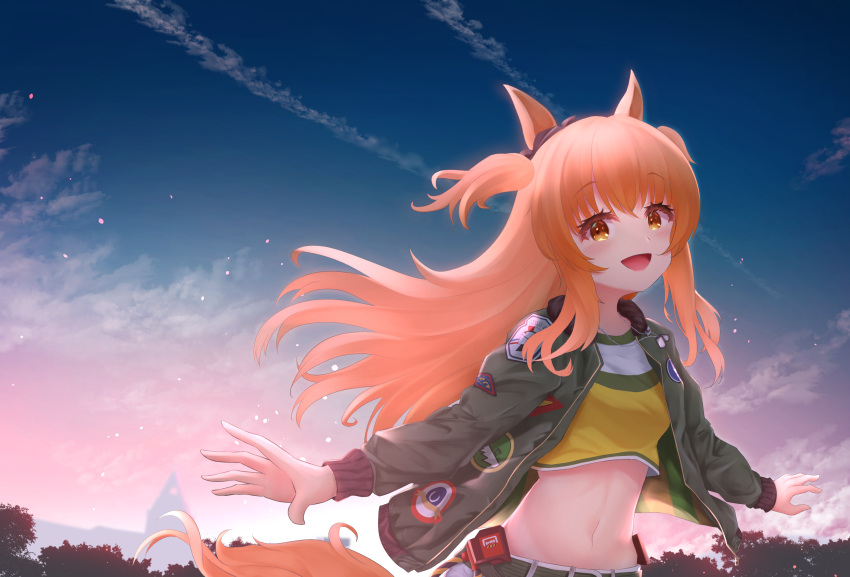 1girl :d absurdres animal_ears bangs basil_yuzune belt_buckle black_ribbon blush breasts brown_eyes buckle cloud commentary_request crop_top dog_tags ear_ribbon eyebrows_visible_through_hair gradient_sky green_belt green_jacket groin hair_between_eyes highres horse_ears horse_girl horse_tail jacket long_hair long_sleeves looking_at_viewer mayano_top_gun_(umamusume) midriff navel open_clothes open_jacket open_mouth orange_hair partial_commentary ribbon shirt shorts sidelocks sky small_breasts smile solo standing sunset tail two_side_up umamusume upper_body very_long_hair white_shorts yellow_shirt