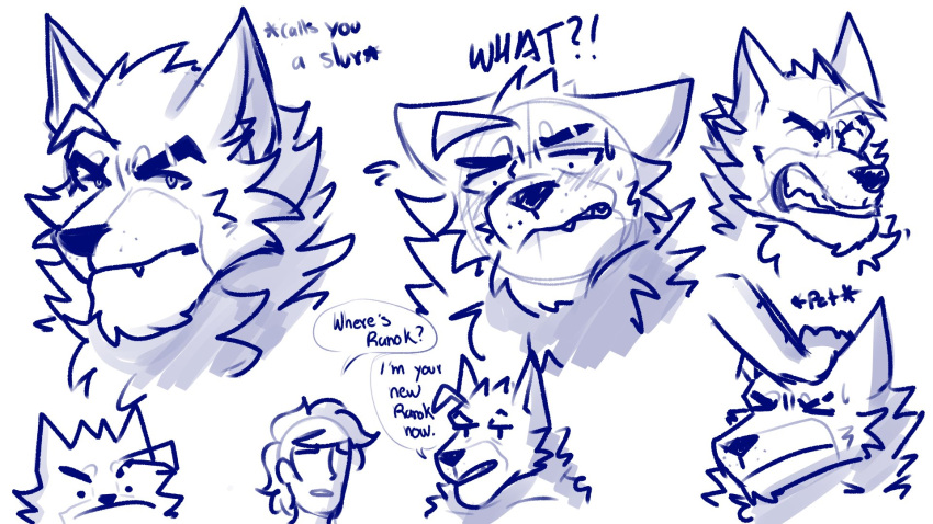 16:9 anthro blush caelan_(far_beyond_the_world) canid canine canis dialogue duo fangs head_pat hi_res human humor male male/male mammal neck_tuft showing_teeth shy skar speech_bubble text tuft vulgor_(far_beyond_the_world) widescreen wild_tapioca wolf