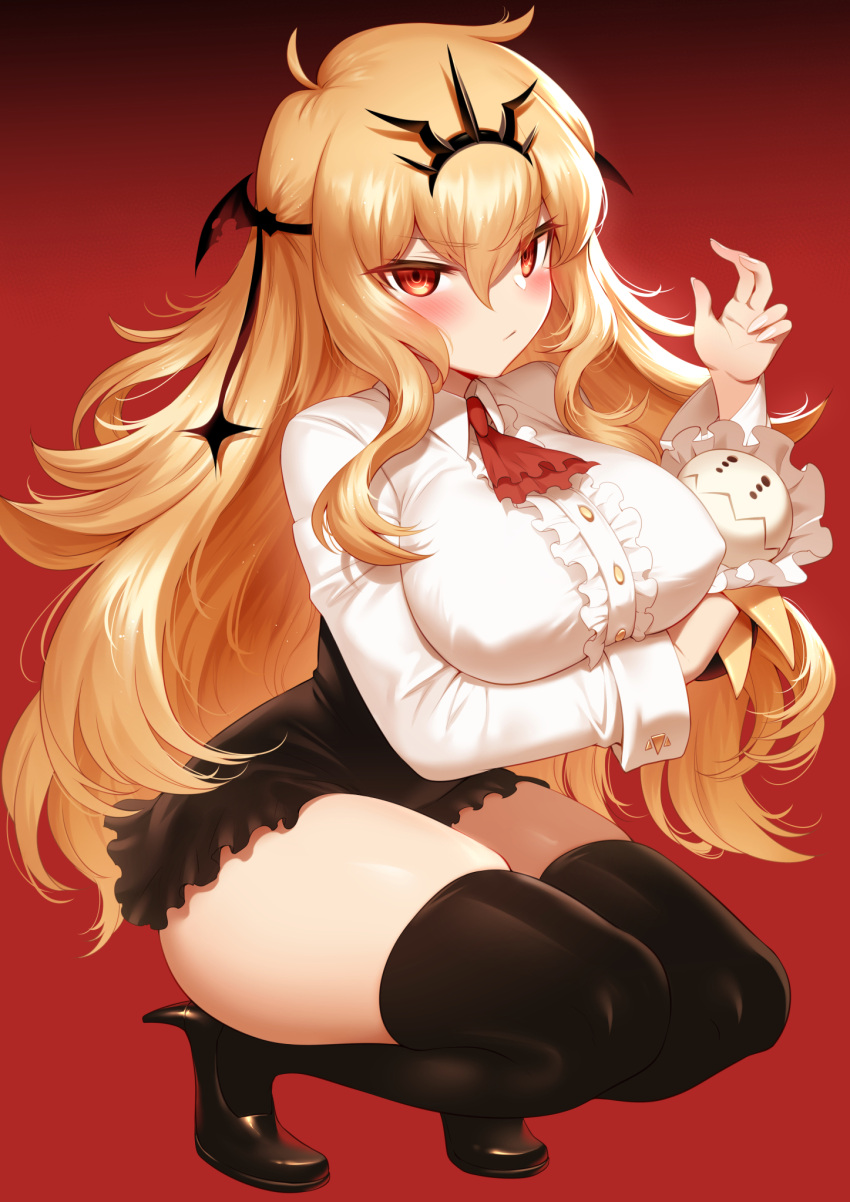 1girl ascot bangs black_dress black_legwear black_rock_shooter blonde_hair blush breasts center_frills chariot_(black_rock_shooter) closed_mouth collared_shirt commentary_request crown dress dress_shirt frills high_heels highres large_breasts long_hair long_sleeves looking_at_viewer m-da_s-tarou red_background red_eyes red_neckwear shirt short_dress squatting stuffed_toy thighhighs underbust white_shirt