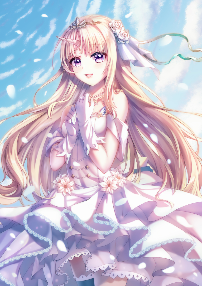 1girl bangs blonde_hair chinese_commentary civia cloud dress eyebrows_visible_through_hair flower gloves hair_flower hair_ornament hands_on_own_chest highres hololive hololive_china horns jewelry jinse_fu_yaojing looking_at_viewer necklace open_mouth parted_bangs pearl_necklace purple_eyes single_horn sky smile solo tiara unicorn_girl virtual_youtuber wedding_dress white_dress white_flower white_gloves