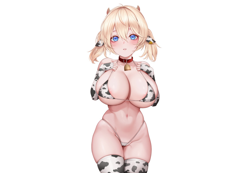 aliasing animal_ears aqua_eyes bell bikini blonde_hair blush breast_hold breasts cameltoe collar cowgirl elbow_gloves ella_of_the_sky gloves horns last_origin madan_(kkh8936) short_hair swimsuit thighhighs third-party_edit twintails white