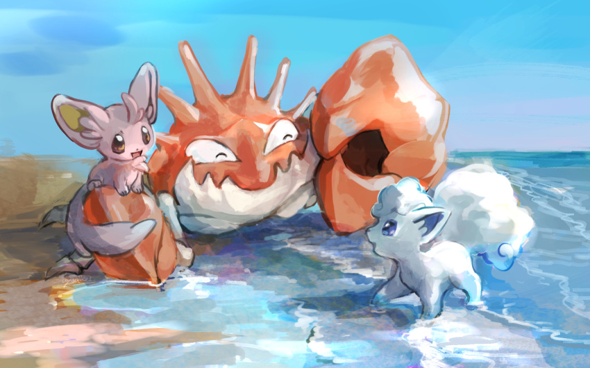 ^_^ alolan_form alolan_vulpix animal_focus artist_name beach blank_eyes blue_eyes blue_sky brown_eyes closed_eyes closed_mouth crab day day_walker1117 english_text eye_contact from_side full_body gen_1_pokemon gen_5_pokemon gen_7_pokemon happy horizon kingler looking_at_another minccino no_humans ocean open_mouth outdoors pokemon pokemon_(creature) sand signature sitting sky smile standing water