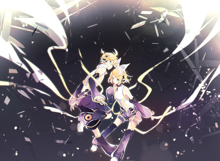 1boy 1girl aqua_eyes bangs belt black_background black_legwear black_shorts black_sleeves blonde_hair bloom bow commentary debris detached_sleeves floating full_body grey_shorts hair_bow hair_ornament hairclip hand_on_own_chest headphones kagamine_len kagamine_len_(append) kagamine_rin kagamine_rin_(append) leaning_forward leg_up leg_warmers looking_at_viewer looking_back pendant_choker shirt short_hair short_ponytail shorts sleeveless sleeveless_shirt spiked_hair suzumi_(fallxalice) swept_bangs thighhighs treble_clef vocaloid vocaloid_append white_bow white_shirt zettai_ryouiki