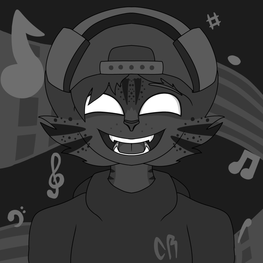 1:1 anthro clothing colorless fangs felid feline fluffy_cheeks greyscale hair happy hat headgear headphones headwear hi_res leopardus long_hair male mammal monochrome music musical_note ocelot rodrigo_(cyberrodrigo) smile solo teeth white_eyes