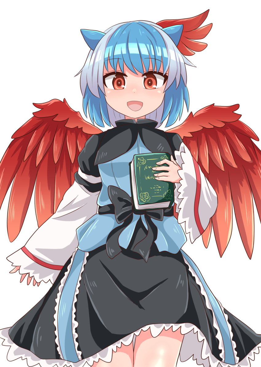 1girl :d bangs black_bow black_capelet black_skirt blue_hair blue_shirt blush bow breasts bright_pupils capelet chups commentary_request cowboy_shot eyebrows_visible_through_hair feathered_wings head_wings highres horns long_sleeves looking_at_viewer multicolored_hair nose_blush open_mouth orange_eyes red_wings shirt short_hair silver_hair simple_background single_head_wing skirt sleeves_past_wrists small_breasts smile solo standing streaked_hair tokiko_(touhou) touhou white_background white_pupils wide_sleeves wings