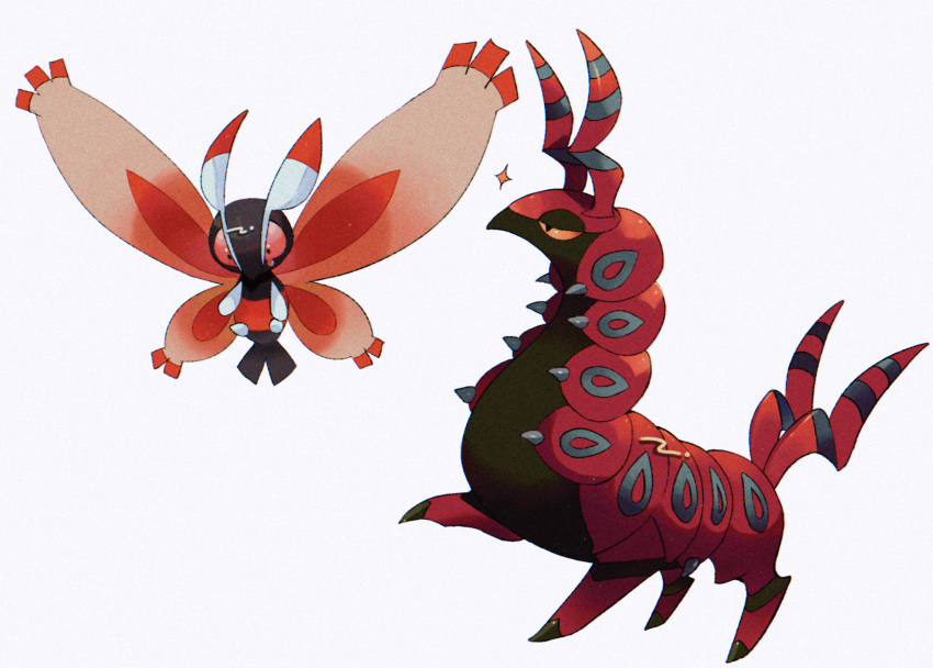 animal_focus black_eyes bug colored_sclera commentary_request full_body gen_4_pokemon gen_5_pokemon half-closed_eyes highres mariya_(mn_436) mothim no_humans orange_sclera pokemon pokemon_(creature) red_sclera scolipede simple_background tears white_background