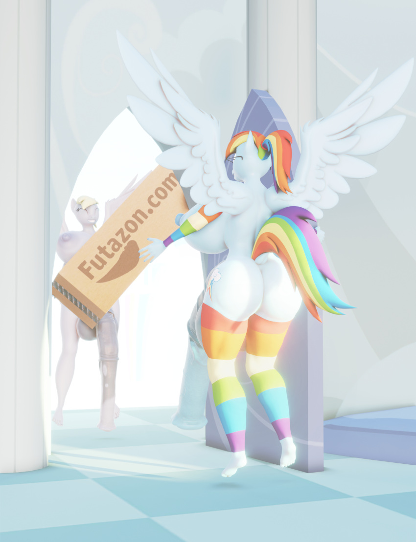 2020 3d_(artwork) 5_fingers 5_toes absurd_res animal_genitalia animal_penis anthro anthrofied balls big_balls big_breasts big_butt blender_(software) blonde_hair breasts butt cardboard cardboard_box clothing cutie_mark delivery_(commerce) derpy_hooves_(mlp) digital_media_(artwork) door duo equid equine eyes_closed eyewear feet fingers flying friendship_is_magic frostbound genitals glasses grey_body gynomorph hair hasbro hi_res intersex long_penis mammal multicolored_clothing multicolored_hair multicolored_tail my_little_pony nipples nude pegasus penis postal_delivery rainbow_clothing rainbow_dash_(mlp) rainbow_hair rainbow_tail smile toes wings