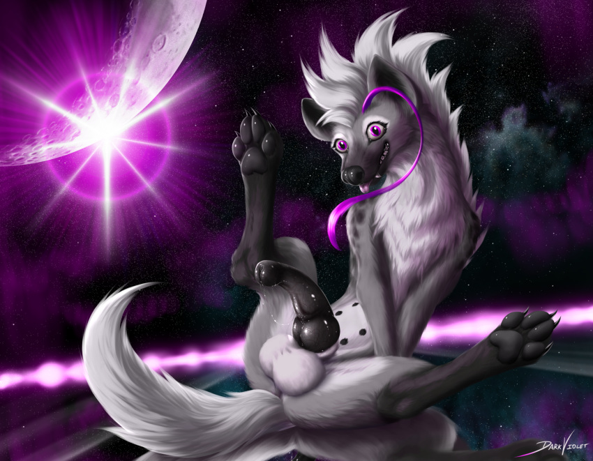 2020 alternate_version_at_source animal_genitalia animal_penis blep claws cosmic_background dark_violet dark_violet_(character) digitigrade female_(lore) feral fur genitals grey_body grey_fur half-erect hi_res hyaenid knot looking_at_viewer male mammal moon multi_nipple nipples pawpads penis pink_eyes presenting quadruped smile solo spotted_hyena spread_legs spreading starry_background tongue tongue_out white_body white_fur