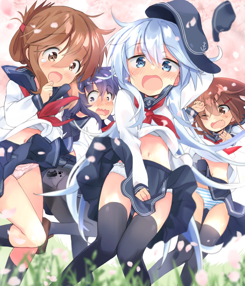 4girls absurdres akatsuki_(kancolle) anchor_symbol animal_print badge black_legwear black_sailor_collar blue_eyes blush bow bow_panties brown_hair cat_panties cat_print flat_cap floating_hair folded_ponytail frilled_panties frills hair_between_eyes hair_ornament hairclip hat hibiki_(kancolle) highres hizuki_yayoi ikazuchi_(kancolle) inazuma_(kancolle) kantai_collection kneehighs long_hair long_sleeves medium_hair messy_hair multiple_girls neckerchief one_eye_closed panties pantyhose pantyshot paw_print petals pink_panties pleated_skirt print_panties purple_eyes purple_hair red_neckwear sailor_collar school_uniform serafuku silver_hair skirt striped striped_panties sweat sweatdrop tears thighhighs underwear upskirt white_panties wind wind_lift