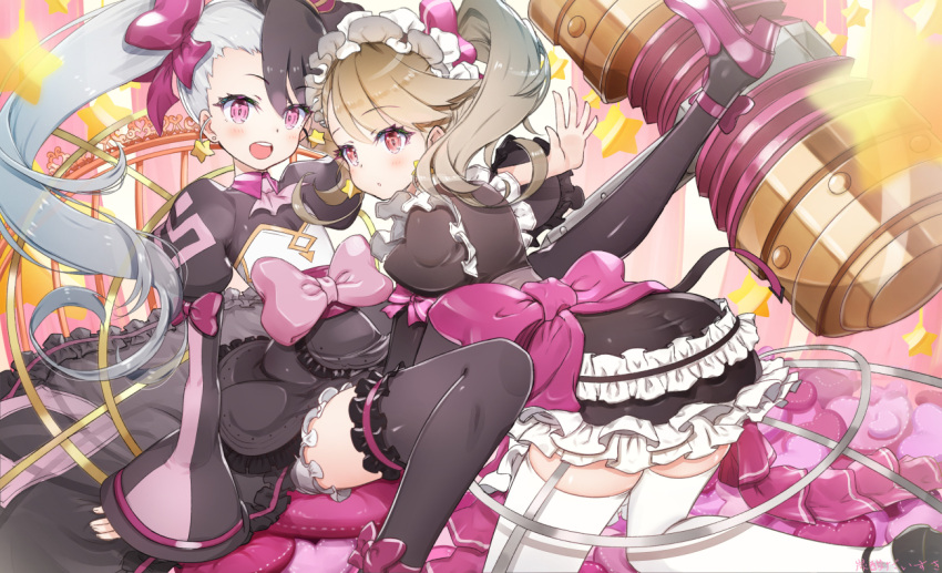 2girls all_fours arm_support asymmetrical_bangs asymmetrical_hair bangs black_hair blush brown_hair chloe_von_einzbern chloe_withers crossover dress earrings fate/kaleid_liner_prisma_illya fate_(series) from_behind high_heels jewelry leg_up looking_at_viewer looking_back maid maid_headdress mallet multicolored_hair multiple_girls open_mouth piko_piko_hammer pillow pink_eyes pink_footwear puffy_sleeves red_eyes sitting smile tansan_daisuki thighhighs twintails two-tone_hair white_hair white_legwear wide_sleeves zettai_ryouiki