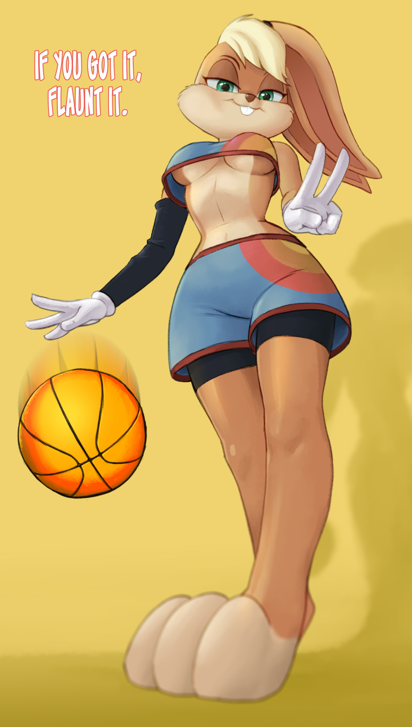 1girl animal_nose barefoot basketball basketball_uniform bike_shorts bike_shorts_under_shorts blonde_hair body_fur breasts buck_teeth commentary crop_top detached_sleeves dribbling english_commentary english_text eyeshadow from_below full_body furry gloves green_eyes highres lola_bunny looking_at_viewer makeup medium_breasts no_bra oversized_limbs rabbit_girl short_hair shorts single_detached_sleeve solo space_jam space_jam:_a_new_legacy sportswear tony_kuusisto toon underboob v white_gloves