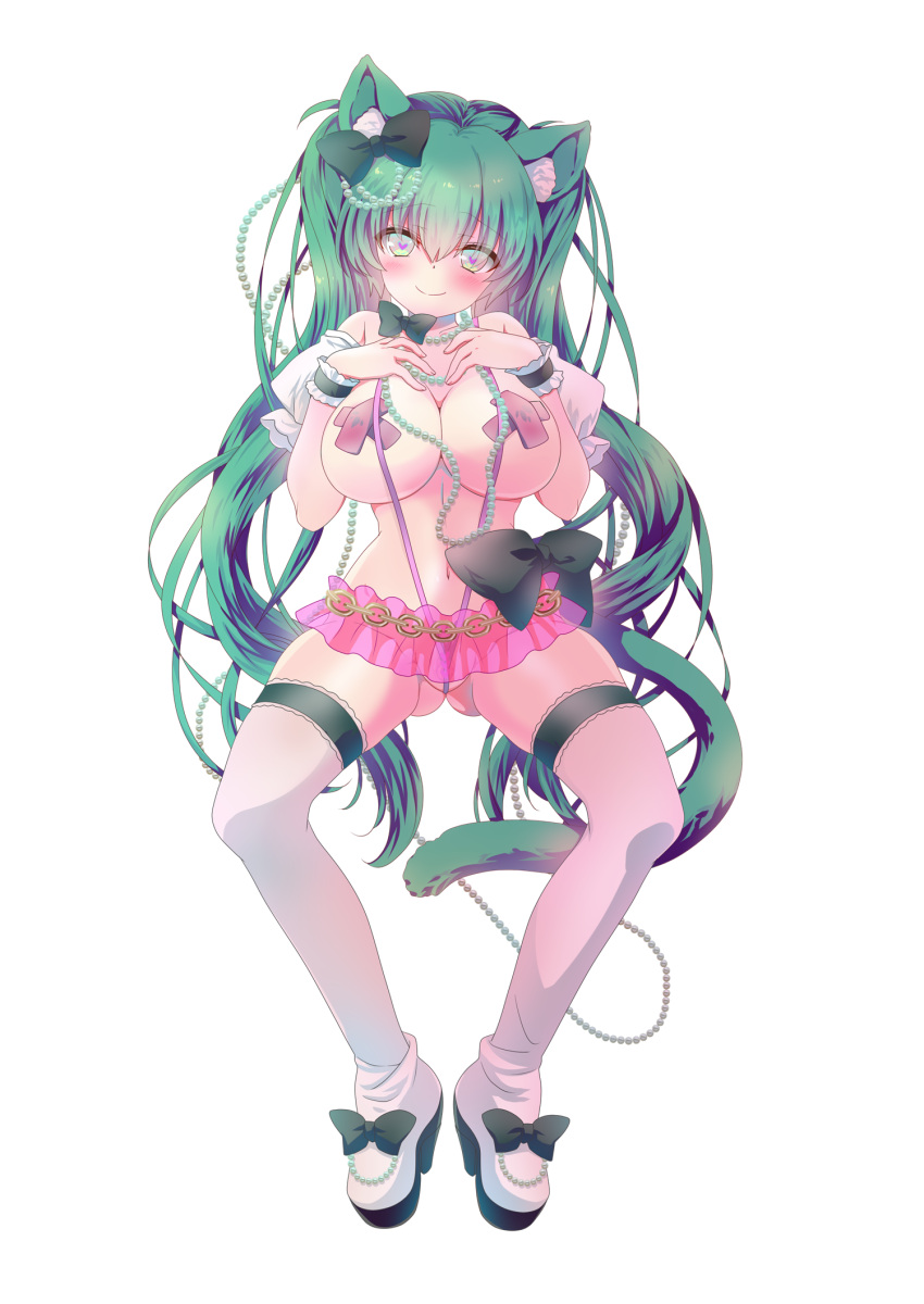 1girl animal_ears breasts brown_ribbon cat_ears cat_girl cat_tail censored green_eyes green_hair heart heart-shaped_pupils heart_censor high_heels highres large_breasts long_hair looking_at_viewer multicolored multicolored_eyes navel original pink_eyes pussy ribbon slingshot_swimsuit smile solo swimsuit symbol-shaped_pupils tail thighhighs twintails umetori_uriri very_long_hair white_legwear