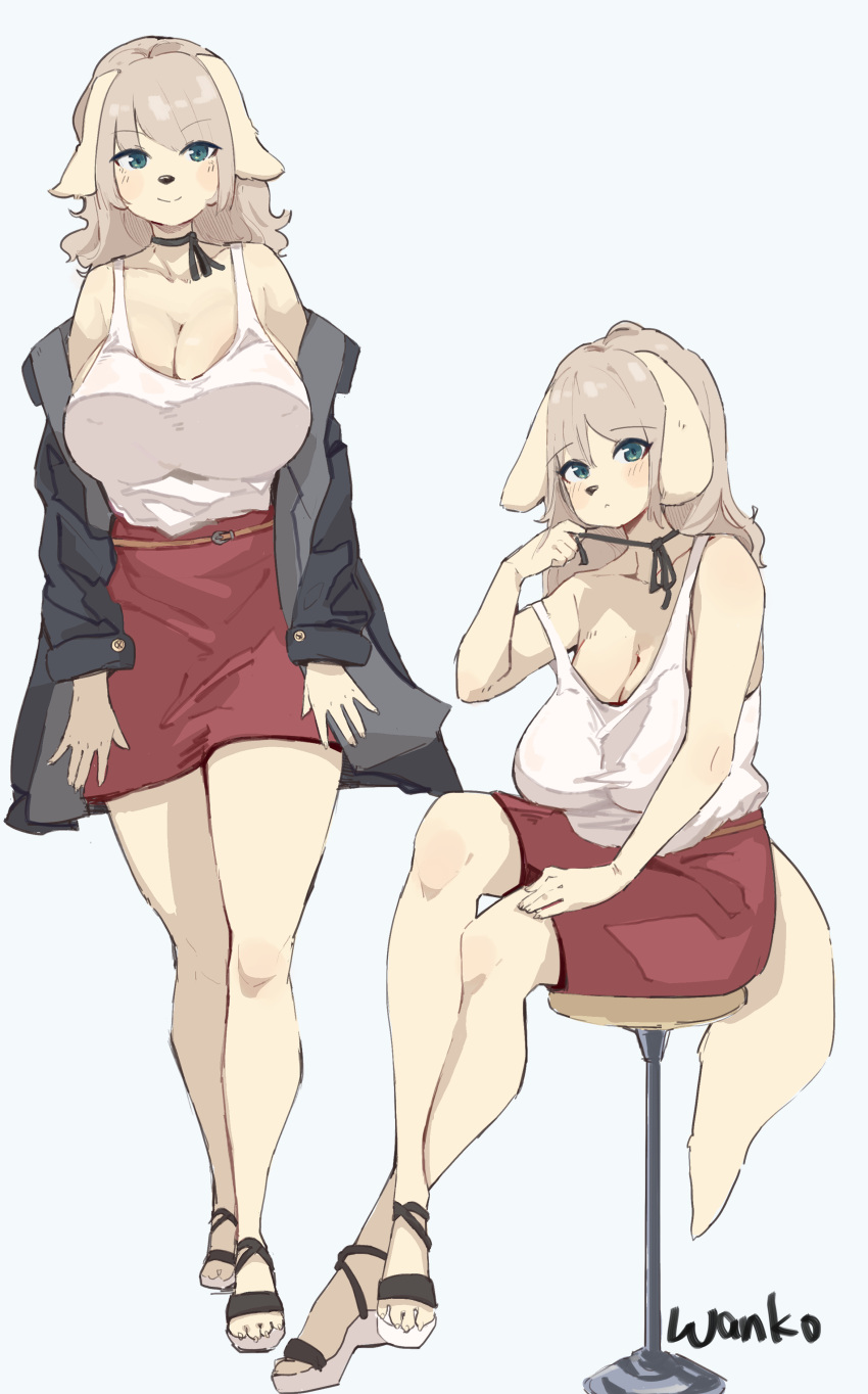 2021 4_toes 5_fingers absurd_res anthro big_breasts black_clothing black_jacket black_topwear blue_eyes blush bottomwear breasts brown_hair canid canine canis cleavage clothed clothing domestic_dog feet female fingers footwear hair hi_res huge_breasts jacket kemono long_hair looking_at_viewer mammal mature_anthro mature_female red_bottomwear red_clothing red_skirt sandals shirt simple_background sitting skirt solo standing tank_top toes topwear wanko0487 white_background white_clothing white_shirt white_tank_top white_topwear