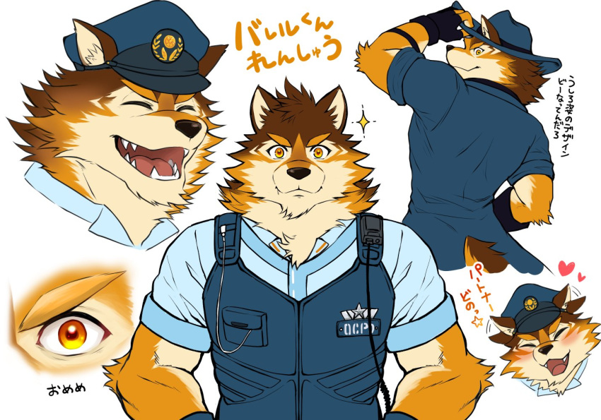 &lt;3 anthro barrel_(live-a-hero) blush canid canine canis clothing cowboy_hat fingerless_gloves fur gloves handwear hat headgear headwear live-a-hero male mammal multicolored_body multicolored_fur police_hat police_uniform policeman skmnt01 solo superhero uniform wolf yellow_eyes