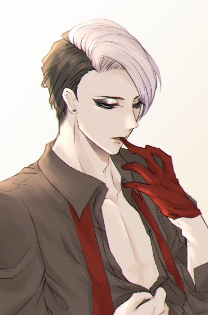 1boy ameyu_(ame12y) black_hair black_shirt divus_crewel earrings eyeshadow gloves highres jewelry long_sleeves makeup male_focus multicolored_hair necktie red_gloves red_neckwear shirt simple_background solo twisted_wonderland two-tone_hair upper_body vest white_background white_hair