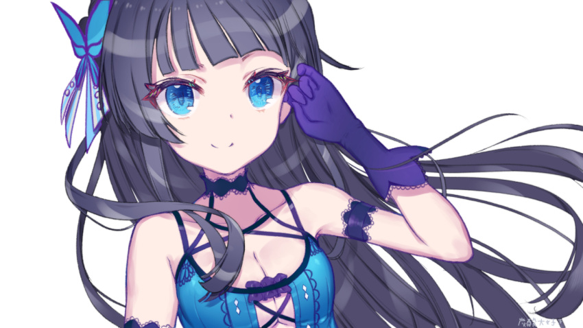 1girl adjusting_hair armband bangs bare_shoulders black_hair blue_dress blue_eyes blunt_bangs breasts butterfly_hair_ornament center_opening choker cleavage collarbone criss-cross_halter cross-laced_clothes cross-laced_top dress gloves hair_ornament halterneck idolmaster idolmaster_million_live! idolmaster_million_live!_theater_days lace-trimmed_choker lace-trimmed_gloves lace_trim long_hair medium_breasts mogami_shizuka signature smile tansan_daisuki upper_body