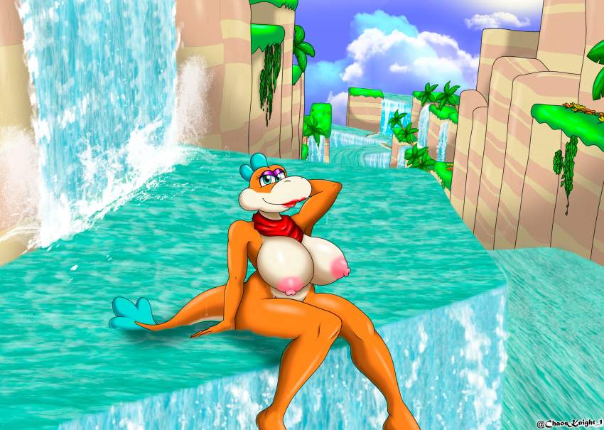 anthro bedroom_eyes big_breasts blue_eyes breasts dinosaur eyeshadow female hi_res humanoid lipstick looking_at_viewer makeup mario_bros narrowed_eyes nintendo orange_body plessie reptile scalie seductive solo super_mario_3d_world the_knight video_games