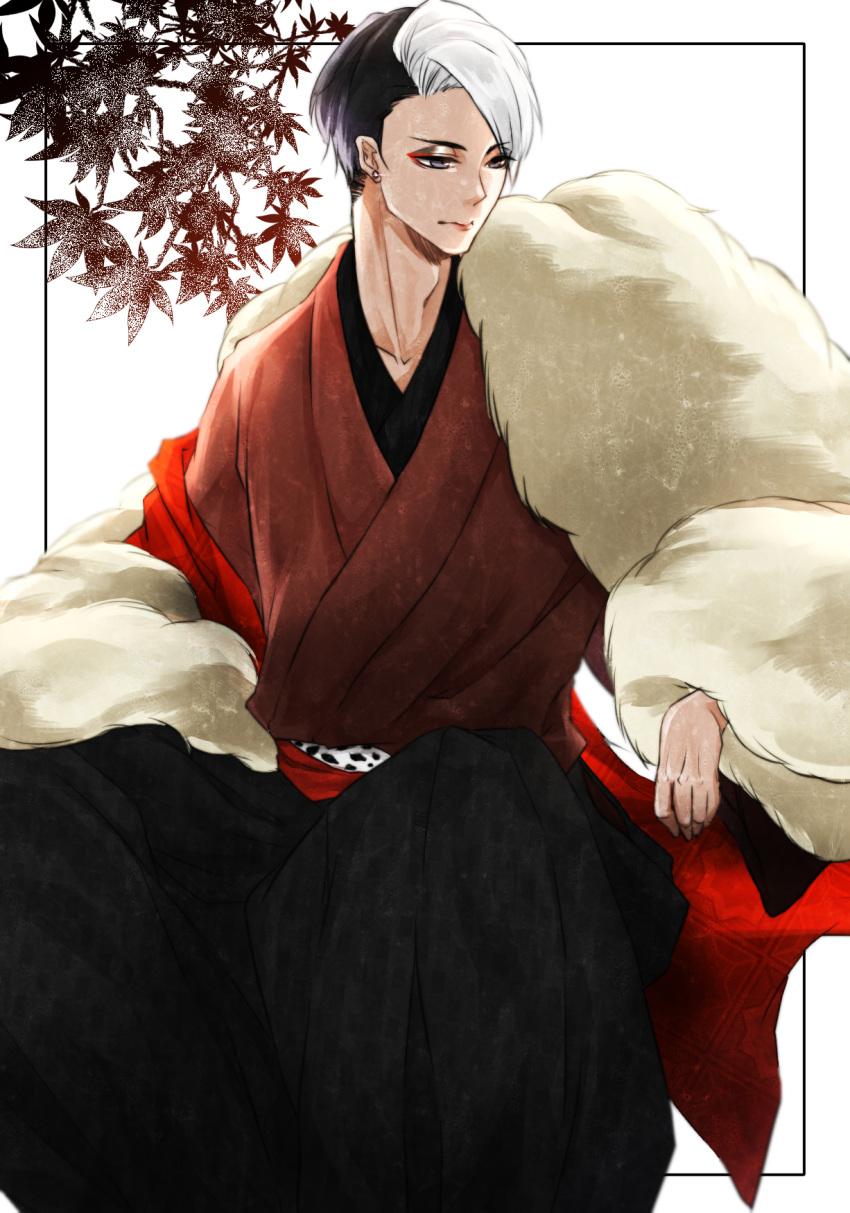 1boy ameyu_(ame12y) divus_crewel earrings fur highres japanese_clothes jewelry kimono male_focus multicolored_hair sitting solo stud_earrings twisted_wonderland two-tone_hair white_background white_hair