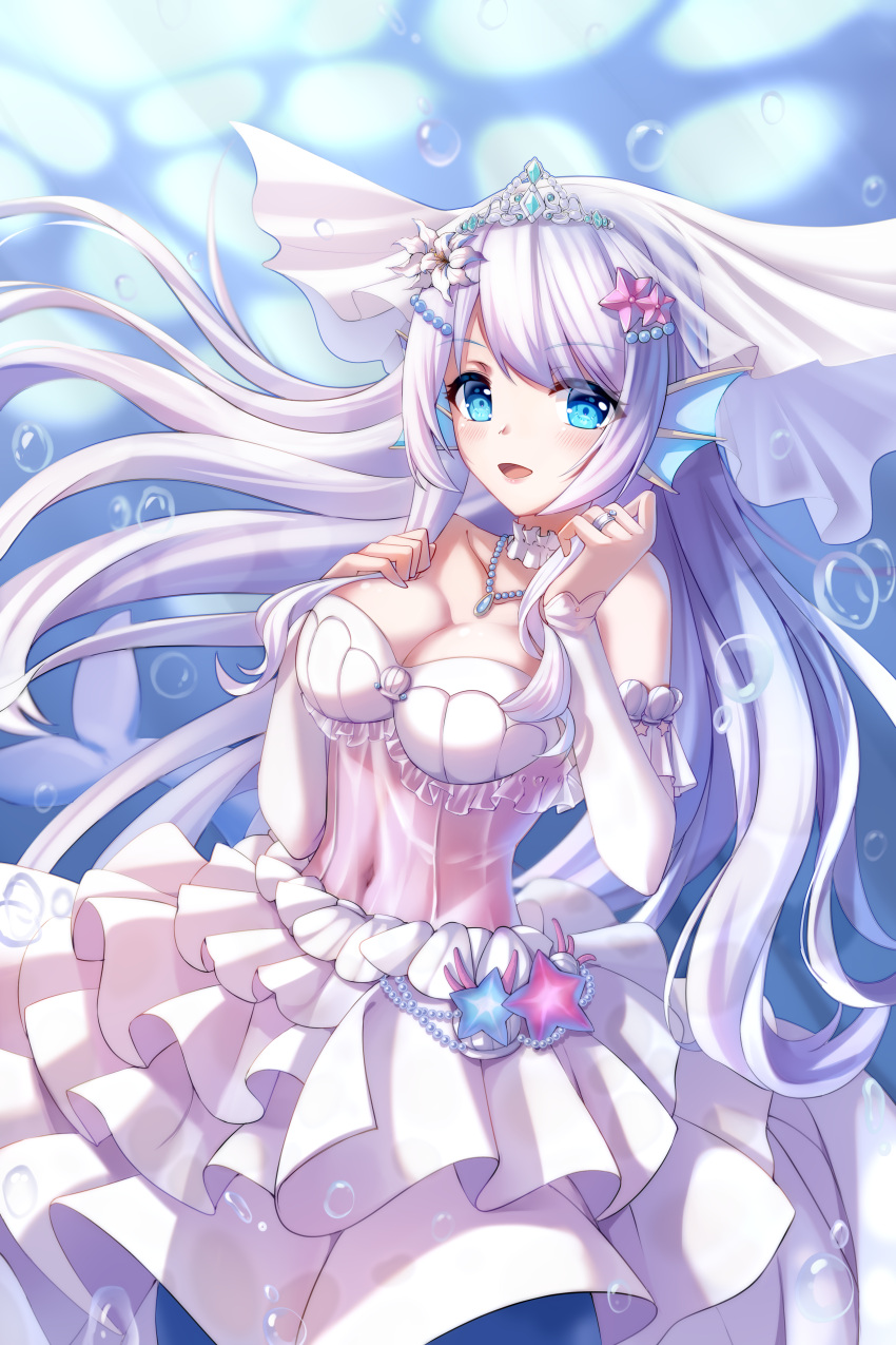 1girl absurdres blue_eyes breasts bridal_veil bubble cleavage collarbone covered_navel doris_(hololive) dress eyebrows_visible_through_hair floating_hair flower hair_flower hair_ornament hand_on_own_chest head_fins highres hololive hololive_china jinse_fu_yaojing long_hair medium_breasts mermaid monster_girl open_mouth silver_hair smile solo starfish_hair_ornament tiara underwater veil virtual_youtuber wedding_dress white_dress white_flower