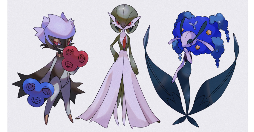 3girls bangs big_hair blue_eyes blue_flower blue_hair blue_rose bob_cut closed_mouth colored_skin commentary_request flat_chest florges florges_(blue) flower full_body gardevoir gen_3_pokemon gen_4_pokemon gen_6_pokemon green_hair green_skin grey_background hair_between_eyes hair_flower hair_ornament half-closed_eyes hand_on_hip hand_to_own_mouth hand_up happy highres looking_at_viewer looking_to_the_side mariya_(mn_436) monster_girl multicolored multicolored_skin multiple_girls pillarboxed plant_girl pokemon pokemon_(creature) red_eyes red_flower red_rose rose roserade shiny shiny_hair short_hair simple_background smile standing two-tone_skin white_hair white_skin yellow_flower