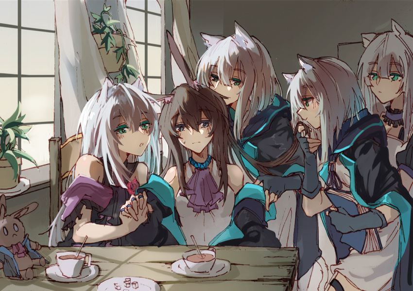 5girls alternate_costume amiya_(arknights) animal_ears arknights bare_shoulders blush book brown_hair bunny_ears cat_ears cup dress e-fa-dorn fingerless_gloves girl_sandwich gloves green_eyes harem highres holding_another's_hair interlocked_fingers jacket jewelry long_hair multiple_girls multiple_persona off-shoulder_dress off_shoulder ponytail ring rosmontis_(arknights) sandwiched silver_hair sugar_cube sweat undressing yuri