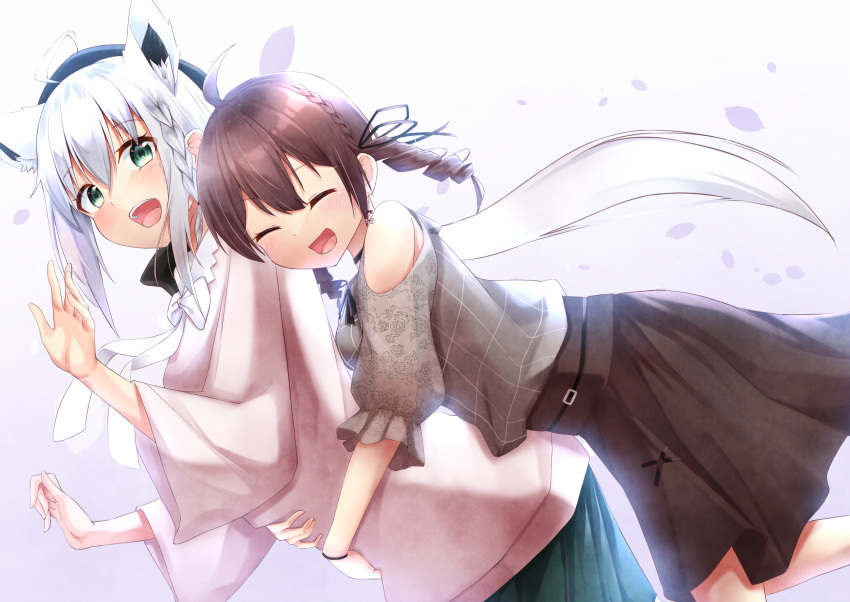 2girls ^_^ ahoge animal_ear_fluff animal_ears blouse blush brown_hair closed_eyes cowboy_shot dutch_angle fox_ears glomp highres hololive hug hug_from_behind looking_at_another miki_miki multiple_girls natsuiro_matsuri shirakami_fubuki silver_hair skirt virtual_youtuber yuri |d