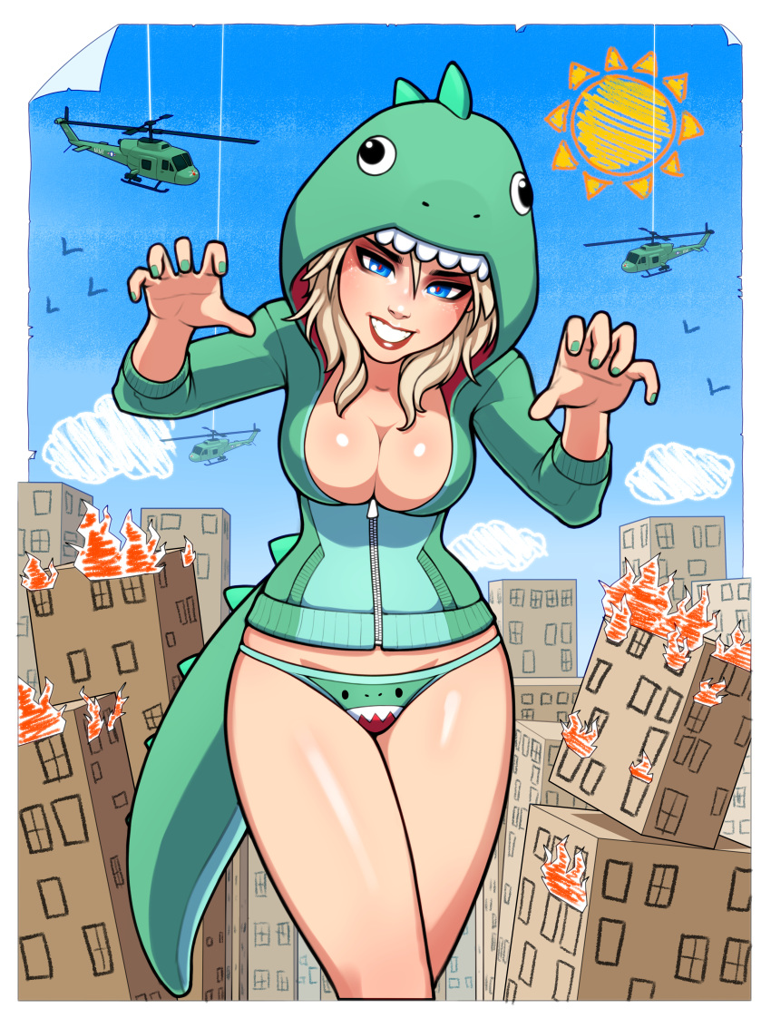 1girl absurdres animal_hood bare_legs blonde_hair blue_eyes breasts cardboard child_drawing claw_pose cosplay costume dinosaur_costume english_commentary fake_tail godzilla godzilla_(cosplay) godzilla_(series) green_hoodie green_nails green_panties highres hood hoodie lipstick makeup medium_breasts mismatched_eyebrows nail_polish original panties partially_unzipped print_panties ronindude sassy_(ronindude) shiny shiny_skin short_hair solo standing tail teeth thick_eyebrows thighs toy underwear zipper_pull_tab