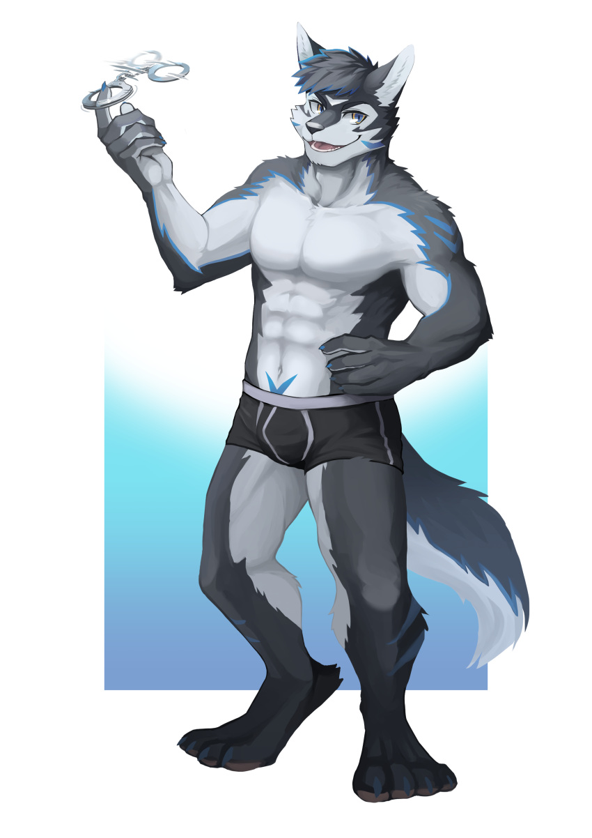 abs absurd_res alpha_channel anthro archermagnum black_body black_fur black_hair blue_body blue_eyes blue_fur bottletanuki canid canine canis clothing digitigrade fur hair handcuffed hi_res male mammal muscular muscular_male nipples paws solo underwear wolf yellow_eyes