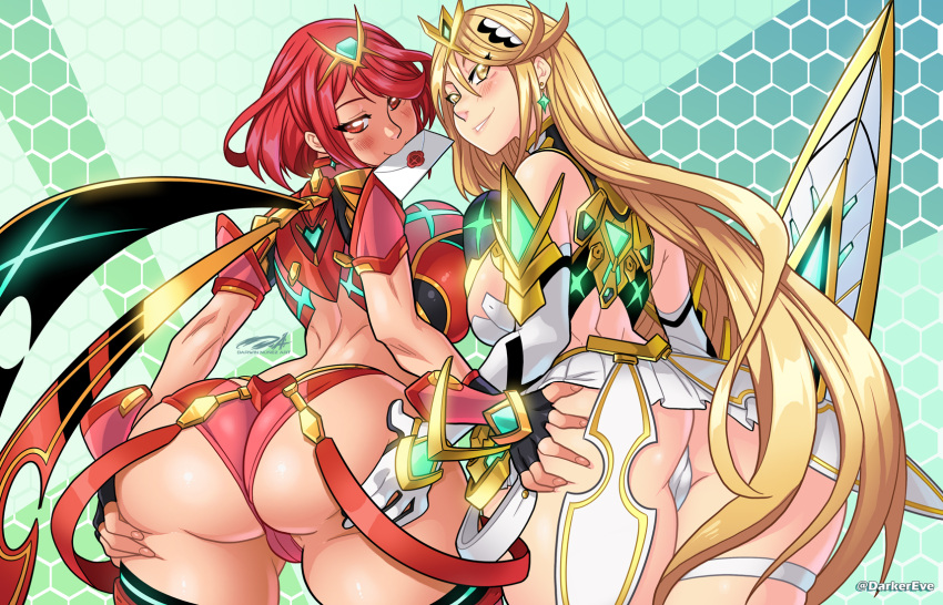 2girls ass ass_grab blonde_hair blush breast_press breasts butt_crack crop_top curvy darkereve dress earrings fingerless_gloves gloves grabbing_another's_ass grabbing_own_ass groping headwear highres jewelry large_breasts long_hair looking_at_viewer looking_back miniskirt mouth_hold multiple_girls mythra_(xenoblade) pyra_(xenoblade) red_eyes red_hair short_hair short_shorts shorts skirt skirt_lift smash_invitation smile strapless strapless_dress super_smash_bros. sword symmetrical_docking thick_thighs thigh_strap thighs tiara weapon white_gloves white_sleeves xenoblade_chronicles_(series) xenoblade_chronicles_2 yellow_eyes