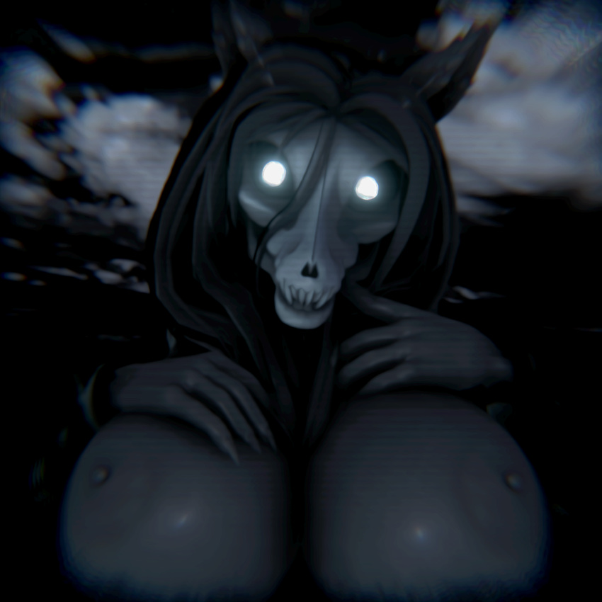 1:1 3d_(artwork) abstract_background anthro areloa big_breasts black_body black_fur black_hair bone breasts chromatic_aberration digital_media_(artwork) female finger_on_cheeks fur glowing glowing_eyes hair hand_on_breast hi_res long_hair looking_at_viewer malo monster nipples nude roy_artorius scanlines scp-1471 scp-1471-a scp_foundation skull solo unity3d upper_body