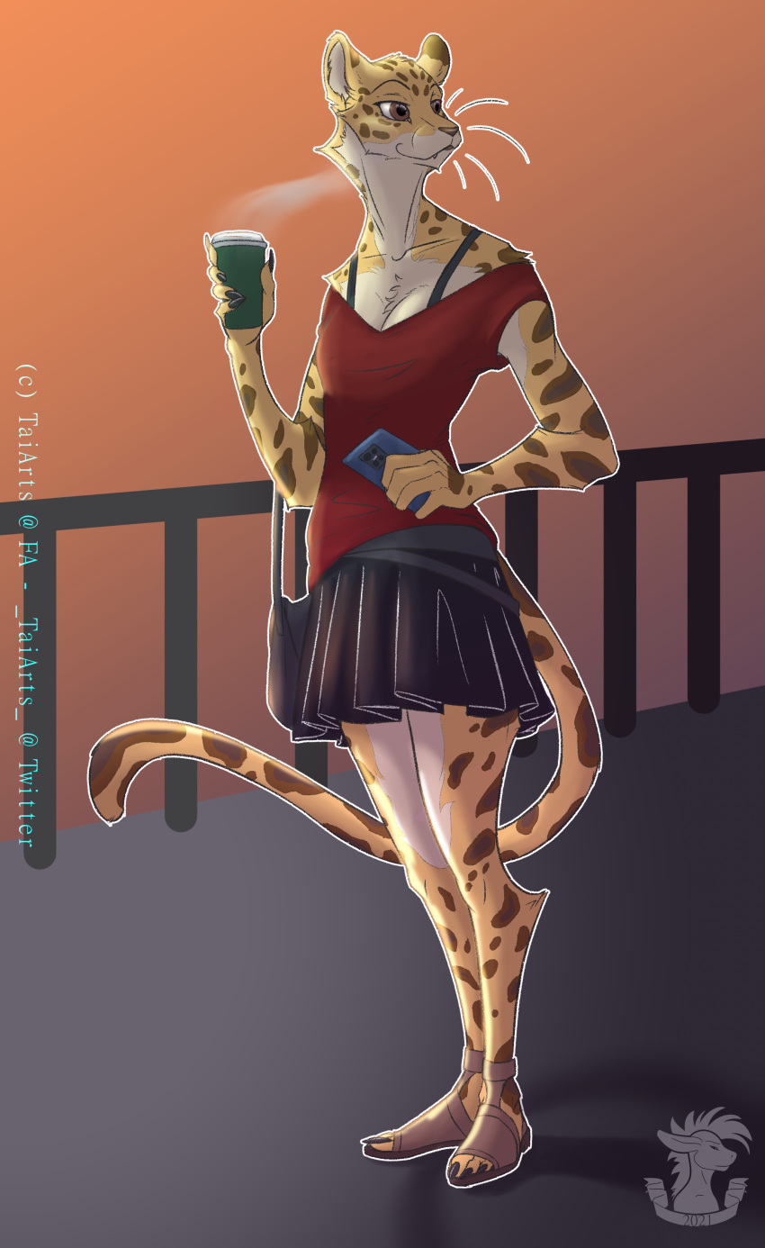 2021 5_fingers absurd_res afternoon anthro beastars beverage black_bottomwear black_clothing black_skirt bottomwear bra_strap breasts cellphone cheetah claws cleavage clothed clothing coffee coffee_cup fangs feet felid feline female finger_claws fingers footwear fur hi_res holding_beverage holding_cellphone holding_object holding_phone holding_smartphone looking_aside mammal off_shoulder phone red_clothing red_shirt red_topwear sandals shaded shiira_(beastars) shirt signature skirt sleeveless_shirt smartphone solo spots spotted_body spotted_fur standing taiarts toe_claws toes topwear whiskers white_body white_fur yellow_body yellow_fur