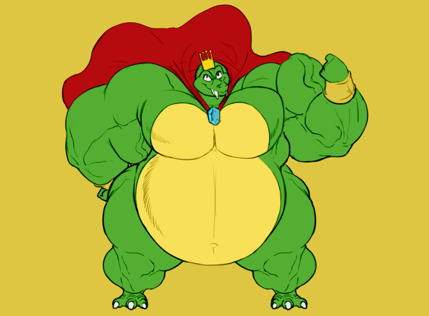 2018 3_toes absurd_res anthro belly big_belly big_biceps big_muscles big_pecs biped bracelet cape cape_only claws clothing crocodile crocodilian crocodylid crown digital_media_(artwork) donkey_kong_(series) fangs feet fist flexing front_view green_body green_scales hand_on_hip hi_res huge_muscles hyper hyper_muscles itzcharlie jewelry king king_k._rool kremling male mostly_nude musclegut muscular muscular_anthro muscular_male navel nintendo obese obese_anthro obese_male outie_navel overweight overweight_anthro overweight_male pecs plantigrade quads reptile royalty scales scalie simple_background smile solo standing thick_thighs toe_claws toes video_games white_claws yellow_background