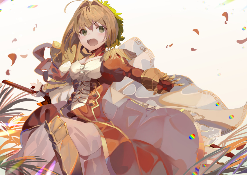 1girl absurdres aestus_estus ahoge blonde_hair breasts dress fate/extra fate_(series) green_eyes highres holding holding_weapon juliet_sleeves long_sleeves looking_at_viewer medium_breasts nero_claudius_(fate) nero_claudius_(fate)_(all) one_eye_closed open_mouth petals puffy_sleeves red_dress same_(sendai623) solo stairs swinging sword weapon