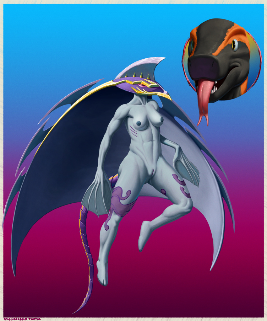 2021 ambiguous_gender amphibian anthro batoid black_body blade breasts cape clothing disney female fire_salamander_(salamander) fish genitals gradient_background grey_body headshot_portrait hi_res hood hooded_cape leg_markings long_fingers long_tail looking_at_viewer manta_ray mantrados marine markings max_(maxdamage_rulz) membrane_(anatomy) multicolored_body nipples open_mouth orange_body portrait purple_body pussy red_eyes salamander_(amphibian) scar signature simple_background solo_focus spectrobes swimming_fins tall_lizzard_(artist) teeth text tongue tongue_out two_tone_body video_games webbed_hands yellow_body yellow_eyes