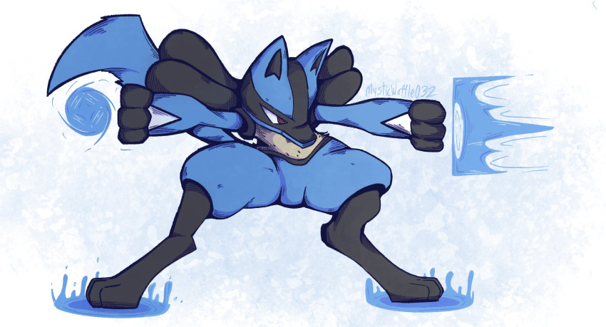 2021 3_fingers 3_toes ambiguous_gender anthro aura_sphere canid canine feet fingers hand_spike hi_res lucario mammal mysticwaffle032 nintendo pok&eacute;mon pok&eacute;mon_(species) red_eyes signature solo spikes spikes_(anatomy) standing toes video_games