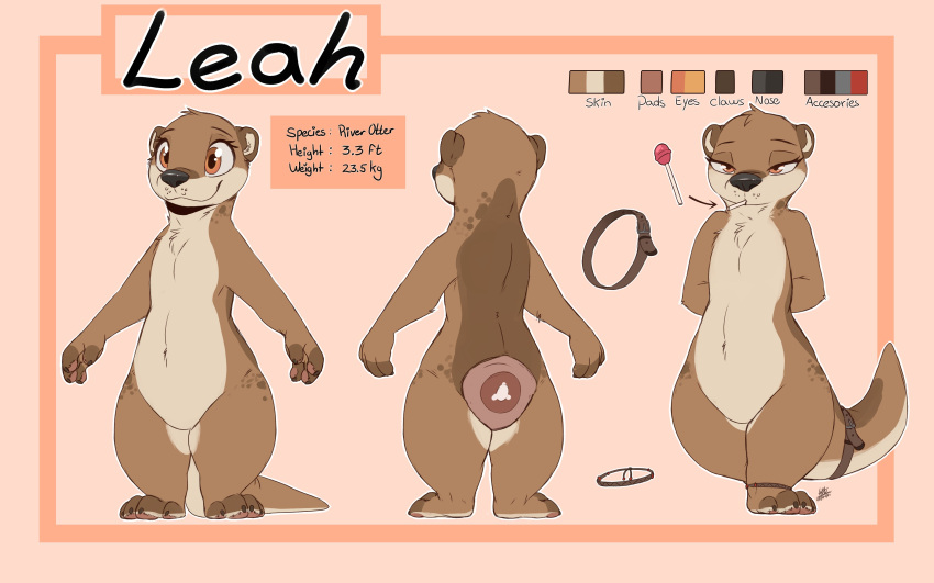 16:10 2021 absurd_res anthro brown_body brown_fur candy color_swatch dessert english_text featureless_crotch female food fur hi_res lollipop louart lutrine mammal model_sheet mustelid navel nude simple_background smile solo standing text widescreen