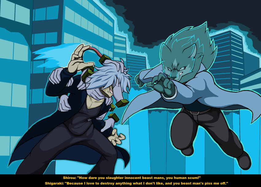 arms_above_head brand_new_animal canid canine canis city city_background claws clothed clothing coat crossover dialogue droll3 duel duo fight hand_on_head hand_on_hip hand_on_shoulder hi_res human humanoid male male/male mammal my_hero_academia shirou_ogami studio_trigger tomura_shigaraki topwear trenchcoat versus were werecanid werecanine werewolf wolf