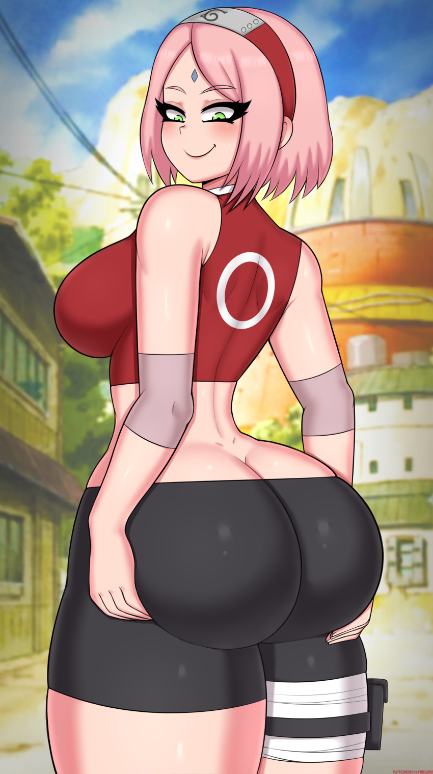 1girl absurdres ass ass_grab bandages bike_shorts black_shorts blue_sky blush breasts building butt_crack circle cloud colored_skin crop_top curvy drunkavocado elbow_pads facial_mark forehead_mark grabbing_own_ass green_eyes haruno_sakura headband highres huge_ass large_breasts looking_back looking_down mountain naruto_(series) naruto_shippuuden pink_hair power_lines red_shirt shirt short_hair shorts sky sleeveless sleeveless_shirt smile thick_thighs thigh_pouch thighs tight tight_shirt tree white_skin