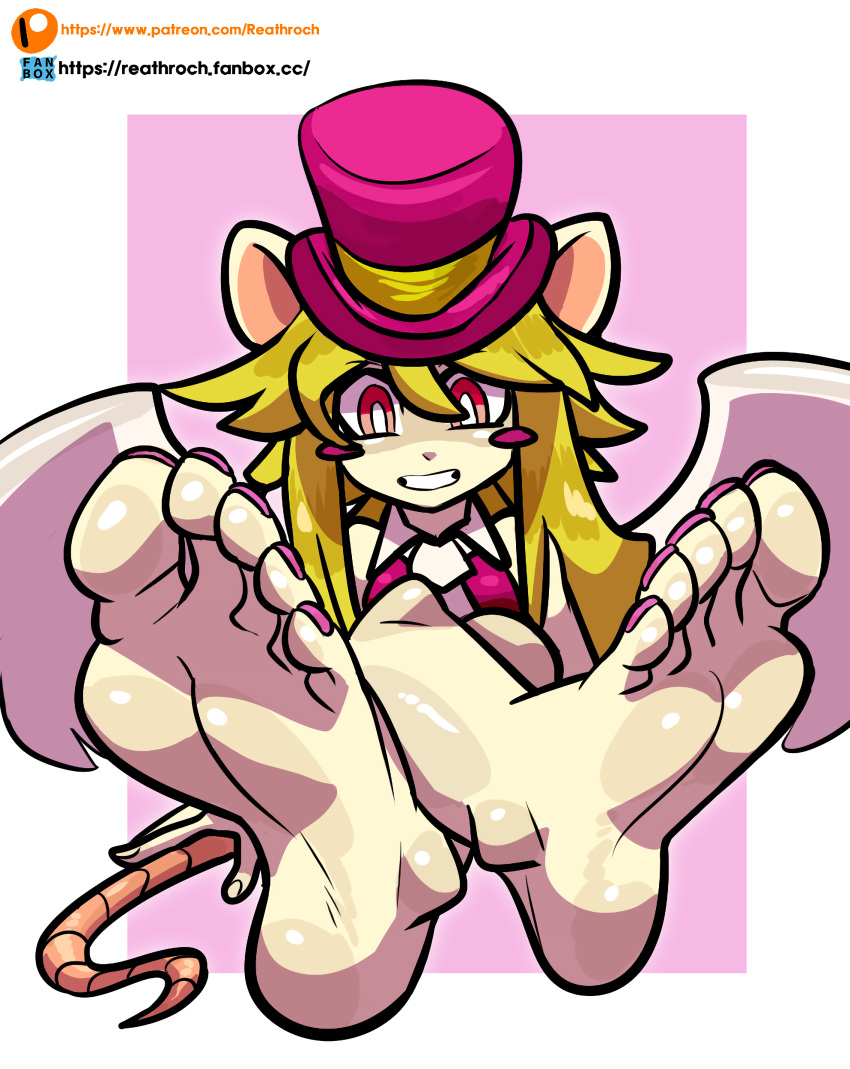 absurd_res anthro barefoot blush blush_stickers clothed clothing colored_nails countershade_feet countershading ears_up feet female foot_focus green_hair hair hat headgear headwear hi_res looking_at_viewer mad_rat_dead mammal murid murine nails necktie pink_eyes rat rat_god_(mad_rat_dead) rat_tail reathroch rodent simple_background soles solo teasing toes top_hat video_games wings