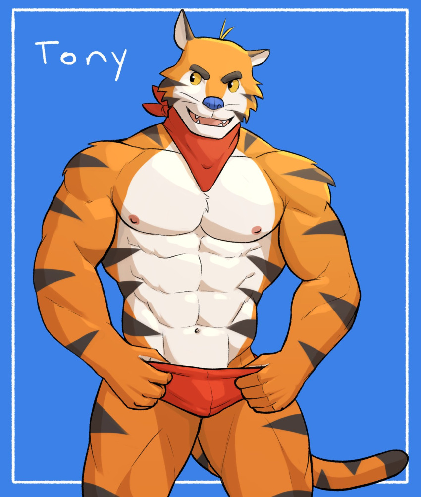 2021 abs anthro blue_background bulge character_name clothing felid frosted_flakes hi_res jrjresq kellogg's male mammal mascot muscular muscular_anthro muscular_male navel neckerchief nipples pantherine pecs pinup pose simple_background solo standing thong tiger tony_the_tiger underwear