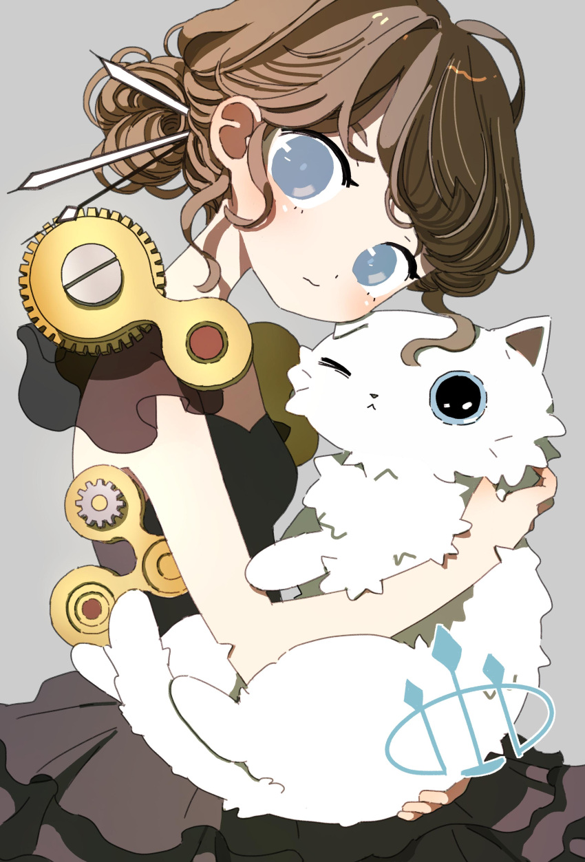 1girl absurdres animal blush brown_dress brown_hair cat dress grey_background grey_eyes highres holding holding_animal holding_cat lobor looking_at_viewer original personification short_hair simple_background sleeveless sleeveless_dress solo tao_(tao15102)