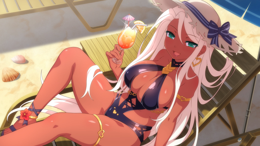1girl :d anklet armlet beach black_swimsuit breasts cleavage dark_skin earrings from_above game_cg glint green_eyes hat heart heart_earrings highres jewelry large_breasts lips long_hair looking_at_viewer navel non-web_source one-piece_swimsuit open_mouth sakura_succubus sandals shiny shiny_skin sidelocks sitting skindentation smile solo straw_hat sun_hat swimsuit thighlet very_long_hair wanaca white_hair
