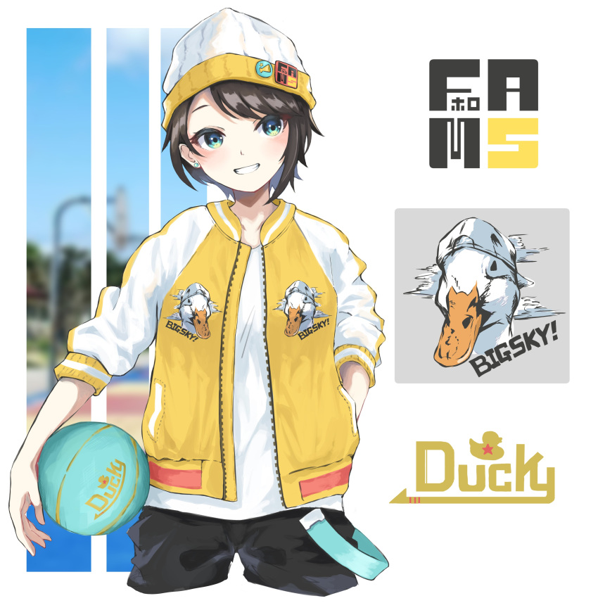 1girl absurdres alternate_costume basketball bird black_hair breasts collarbone cowboy_shot duck ear_piercing ears green_eyes hand_in_pocket hat highres hololive irohasu_(iiilohas129) jacket looking_at_viewer medium_breasts oozora_subaru piercing short_hair shorts smile solo tomboy virtual_youtuber