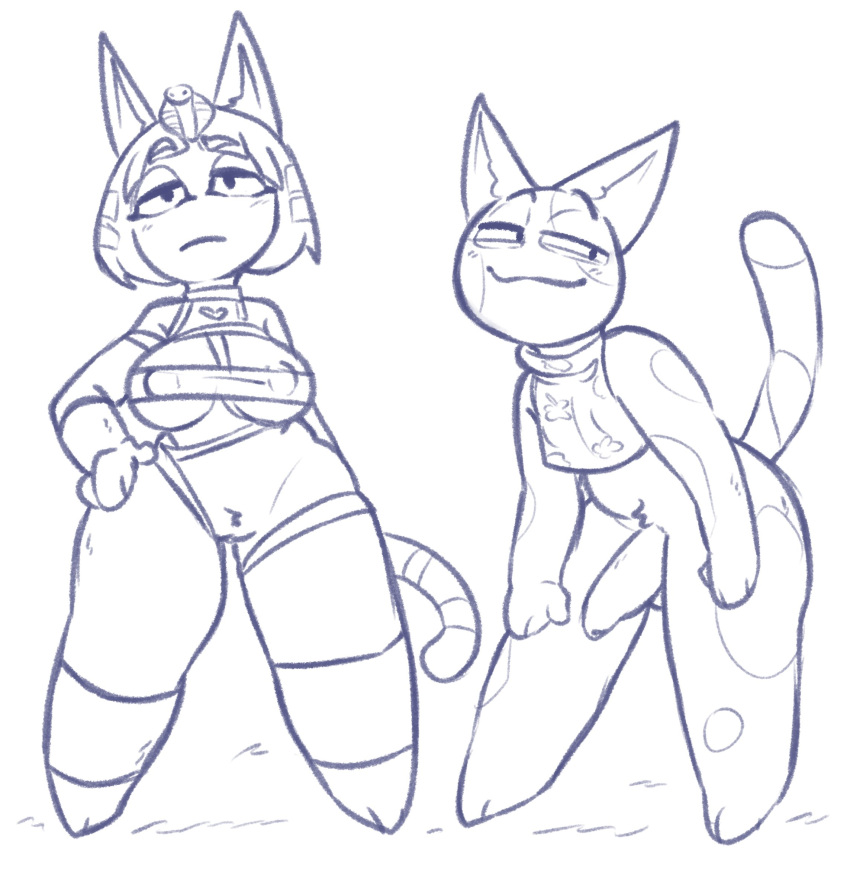 2020 aipeco18 animal_crossing ankha_(animal_crossing) anthro blue_and_white bob_(animal_crossing) breasts clothing crop_top domestic_cat duo erection felid feline felis female frown genitals half-closed_eyes hi_res leaning leaning_forward male mammal monochrome narrowed_eyes nintendo nipple_outline penis pussy shirt sketch smile squint thick_thighs topwear video_games wide_hips